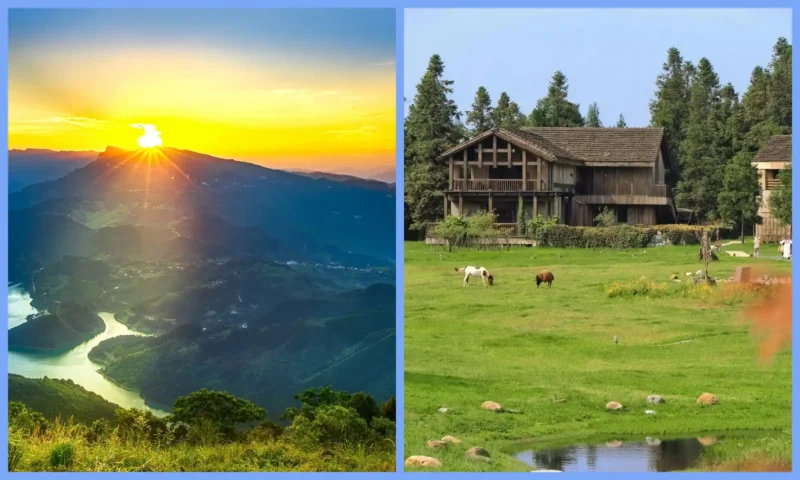 Sunset mountain views, grasslands and countryside scenery at Fairy Mountain
