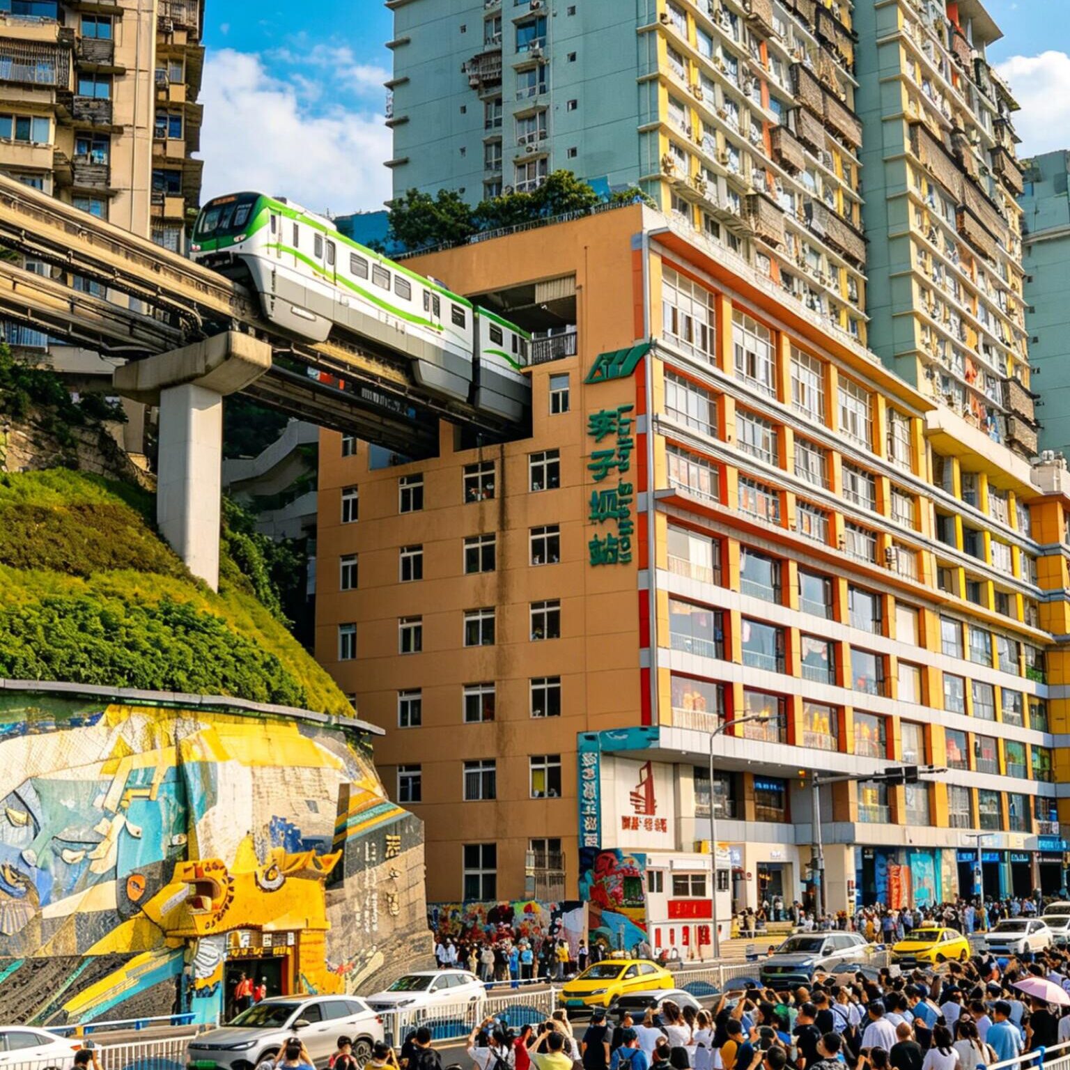 Famous Liziba Monorail passing through a residential building in Chongqing