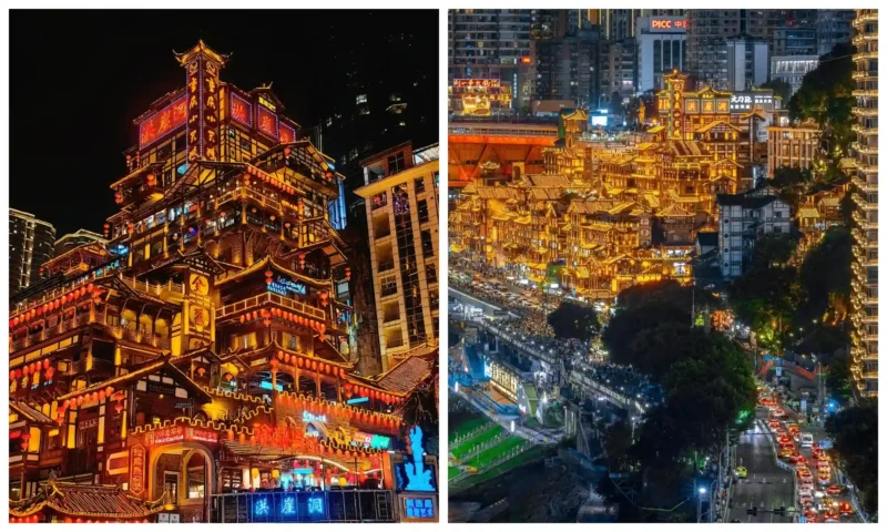 Chongqing 3 Day Tour featuring Hongyadong illuminated at night along the Jialing River