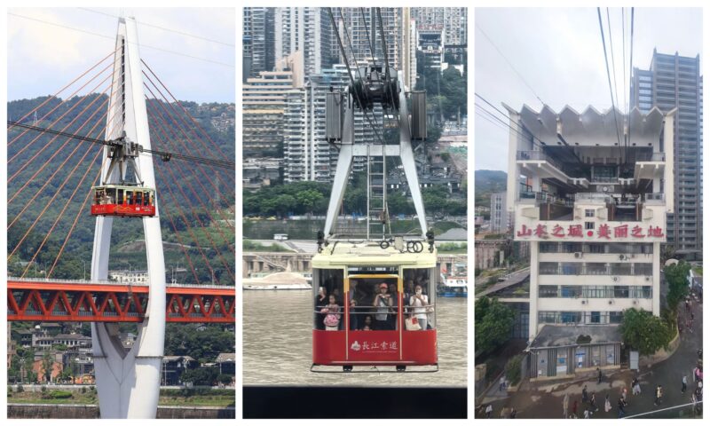 Yangtze River Cableway floating above the river city skyline