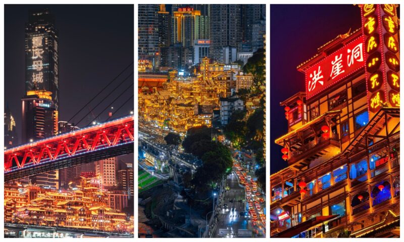 Yangtze River night cruise viewing Hongyadong illuminated stilt houses
