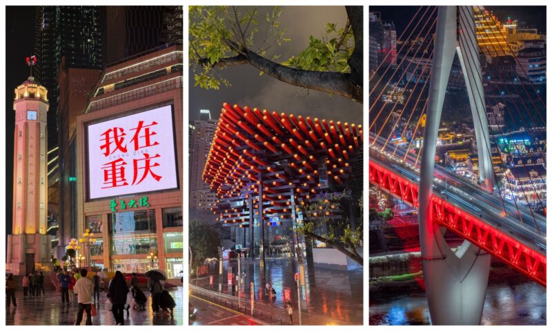 Stunning golden night lights of Hongyadong traditional stilt building complex in Chongqing