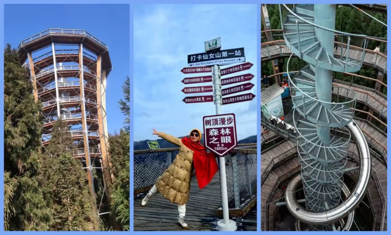 Wulong town streets, local architecture and mountain scenery near Fairy Mountain