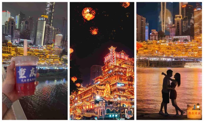 Illuminated Hongya Cave architecture at night in Chongqing