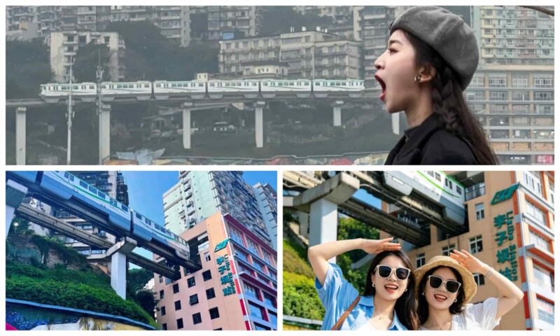 Liziba Monorail passing through a residential building, a must-see on a Chongqing itinerary