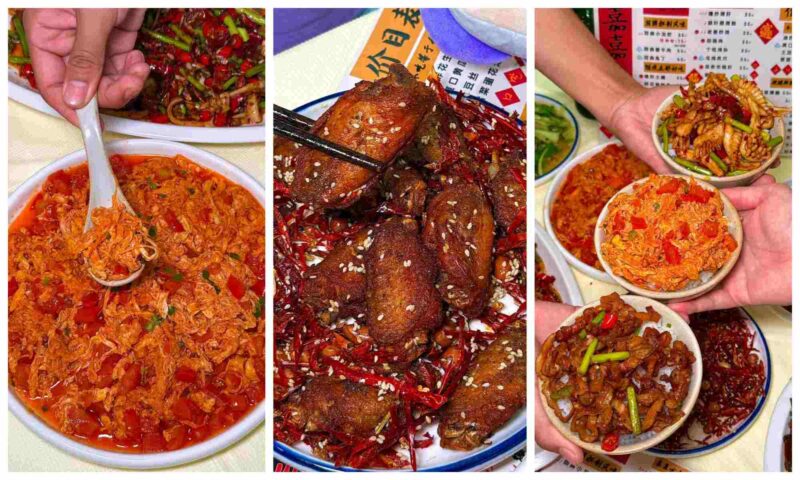 Spicy Chongqing street food including chicken with chilies and skewers