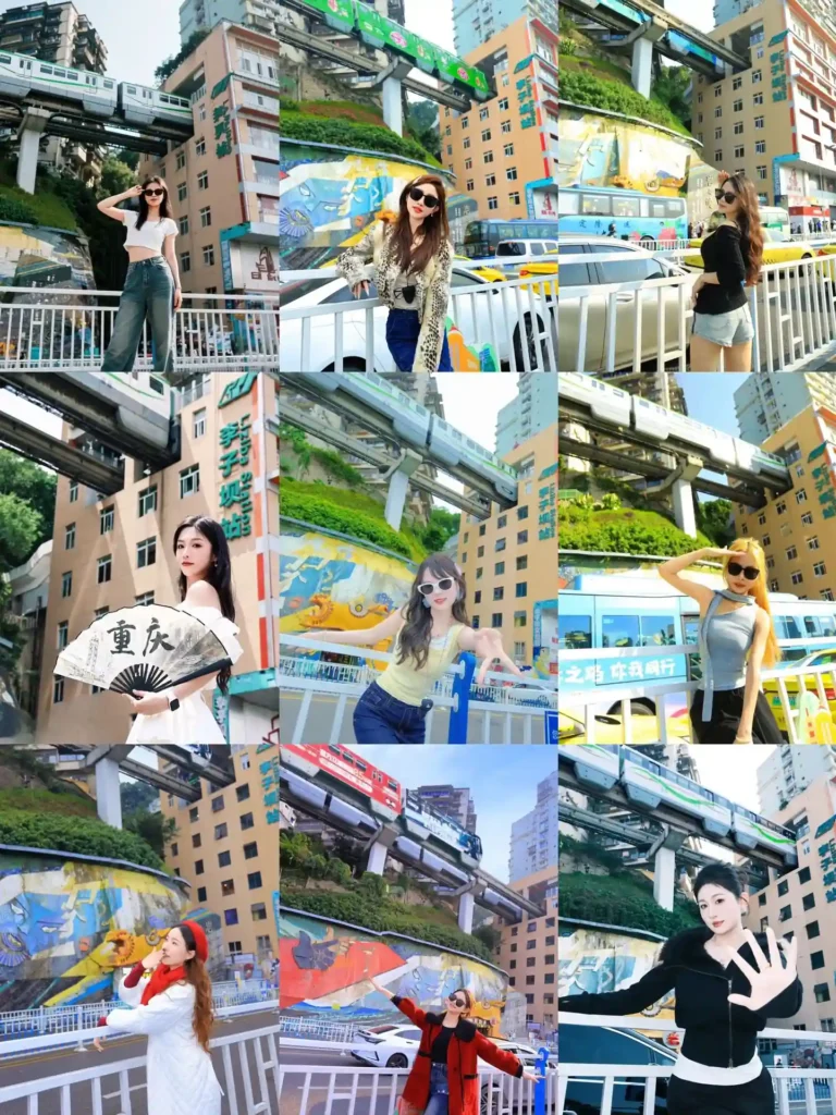 Guide to Chongqing Liziba Light Rail Station with travelers taking photos beneath the elevated tracks at the colorful viewing plaza