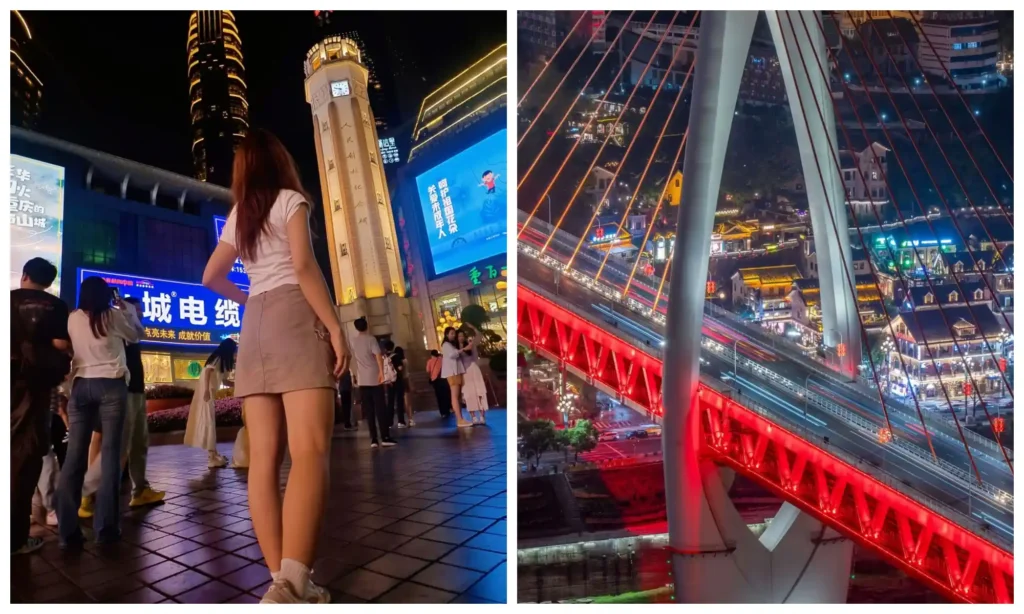 Jiefangbei Chongqing night views with visitors and colorful city lights