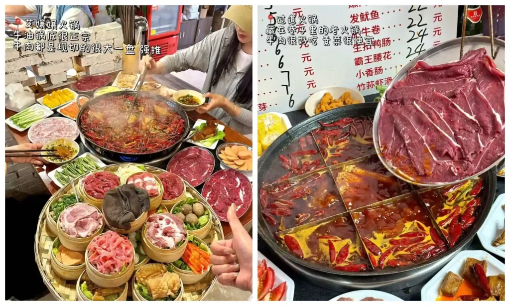 Chongqing hot pot dinner featuring fresh vegetables, meat and local ingredients