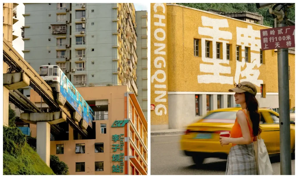 Liziba monorail beside the station building and a traveler exploring a colorful Chongqing street