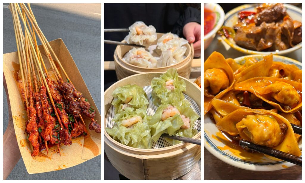 Chongqing street food including grilled skewers, vegetables and local snacks