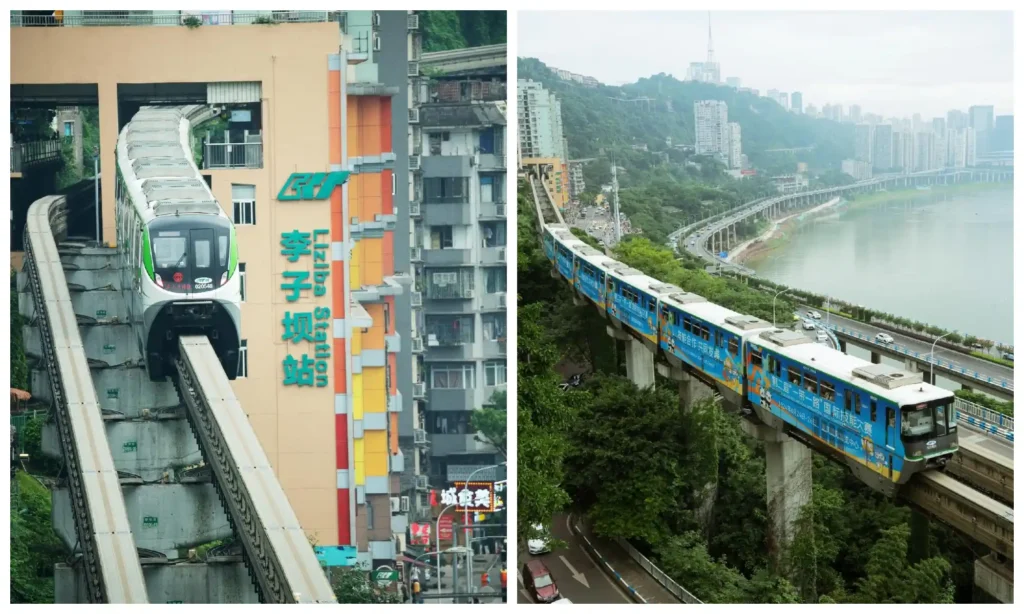Monorail approaching Liziba Station and traveling along the elevated railway beside the Jialing River