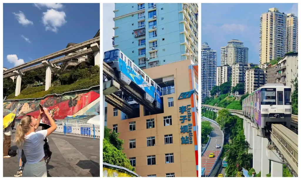 Guide to Chongqing Liziba Light Rail Station showing the monorail passing through the residential building and nearby viewing areas