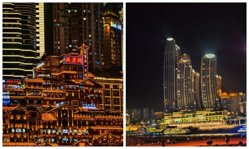 Jiefangbei Chongqing skyline with brightly lit skyscrapers and colorful night views