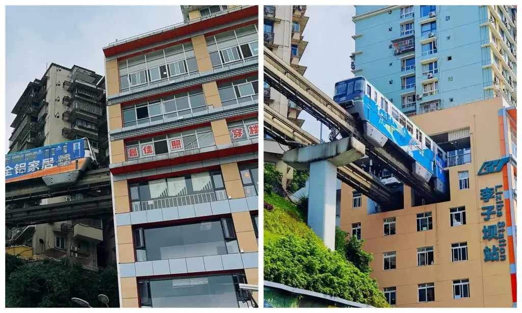 Guide to Chongqing Liziba Light Rail Station featuring the station exterior and a monorail entering the building