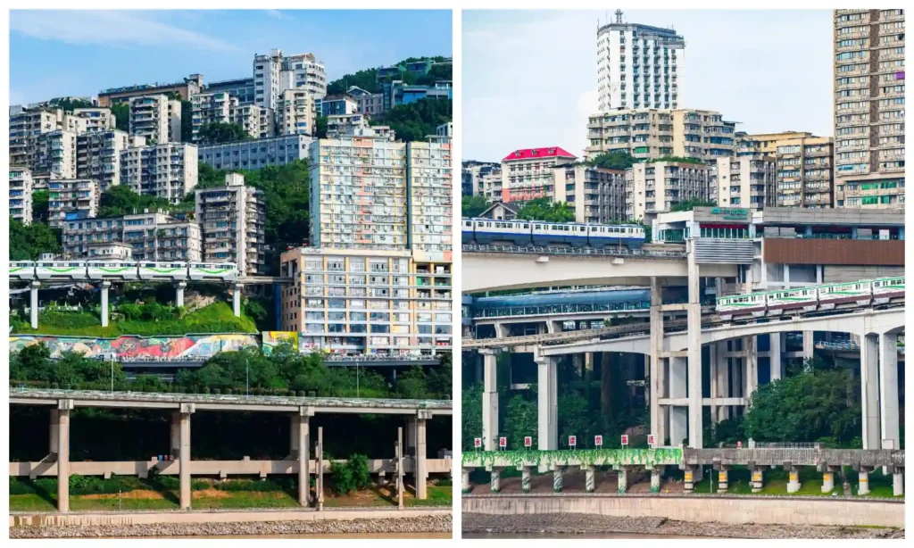 Elevated Liziba rail line surrounded by Chongqing high-rise buildings and hillside neighborhoods