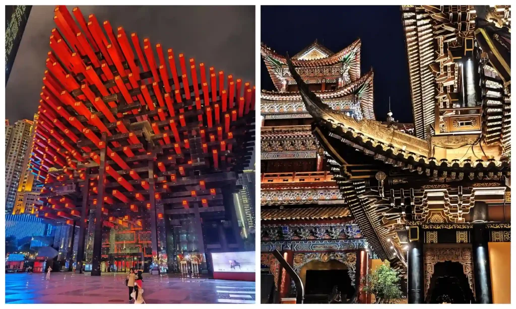 Traditional red lanterns and historic-style buildings illuminated at night in Chongqing
