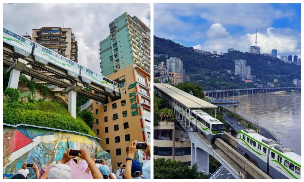 close-up views of trains passing the viewing plaza and riverside track