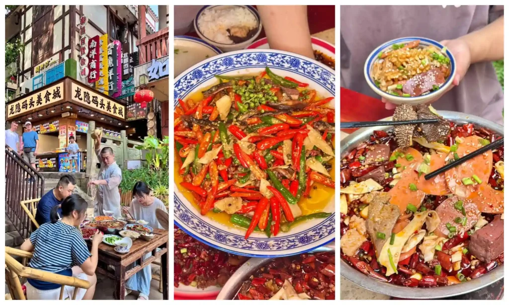 Street food and local dishes at Ciqikou Ancient Town in Chongqing