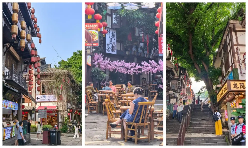 Ciqikou Ancient Town streets with traditional shops, colorful signs and greenery