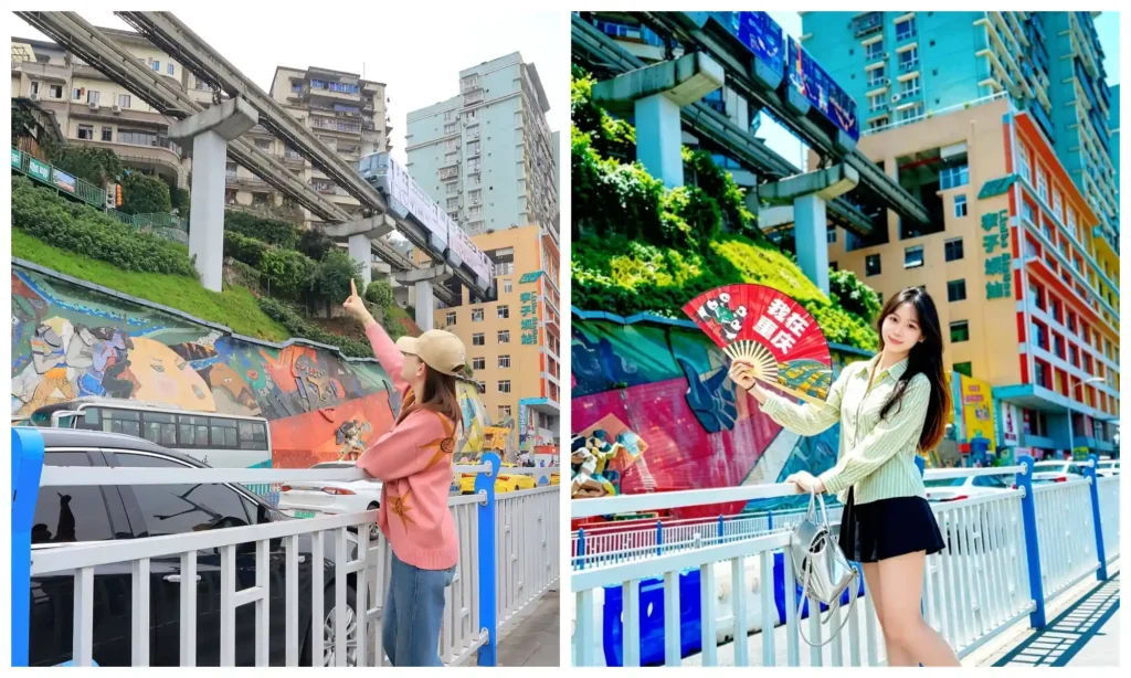 Guide to Chongqing Liziba Light Rail Station showing visitors posing at the popular viewing platform beneath the railway
