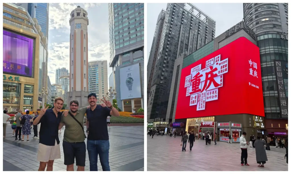 Busy Jiefangbei Chongqing pedestrian street with shoppers and colorful urban signs