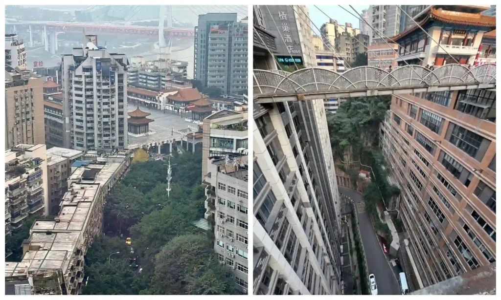 Chongqing Kuixing Tower Travel Guide: hillside buildings and an elevated footbridge above a narrow street