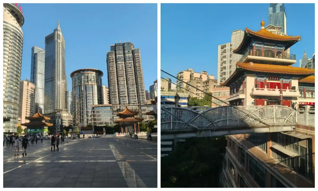 Chongqing Kuixing Tower Travel Guide: open plaza, traditional pavilion and connecting footbridge amid skyscrapers