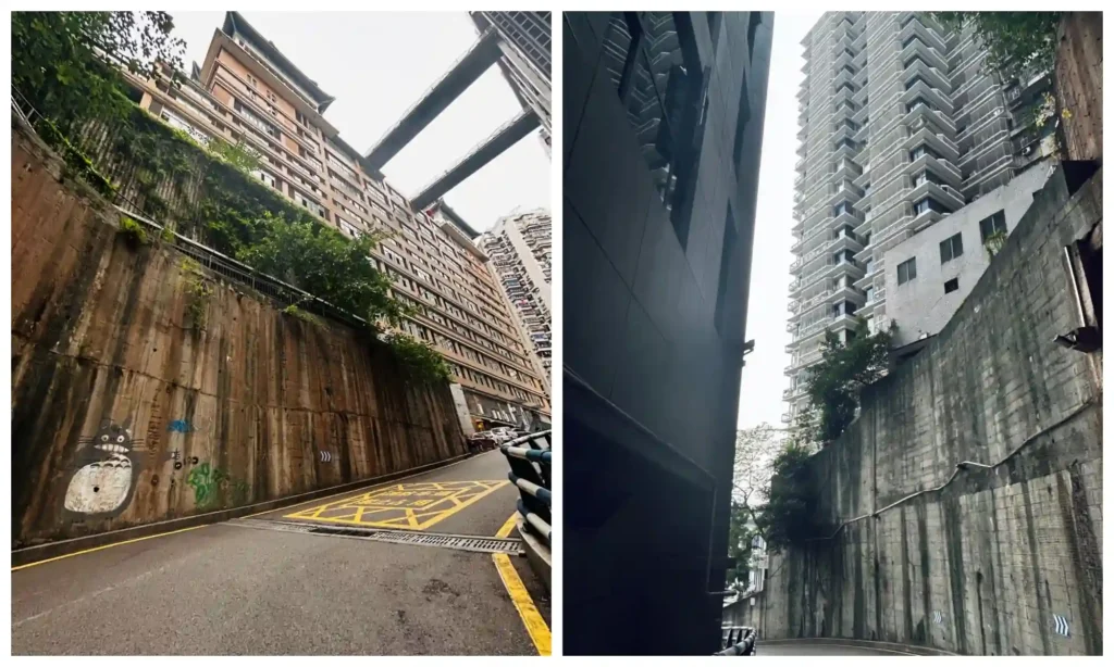 Street-level views beneath Kuixing Tower, with tall retaining walls, high-rise buildings and overhead walkways