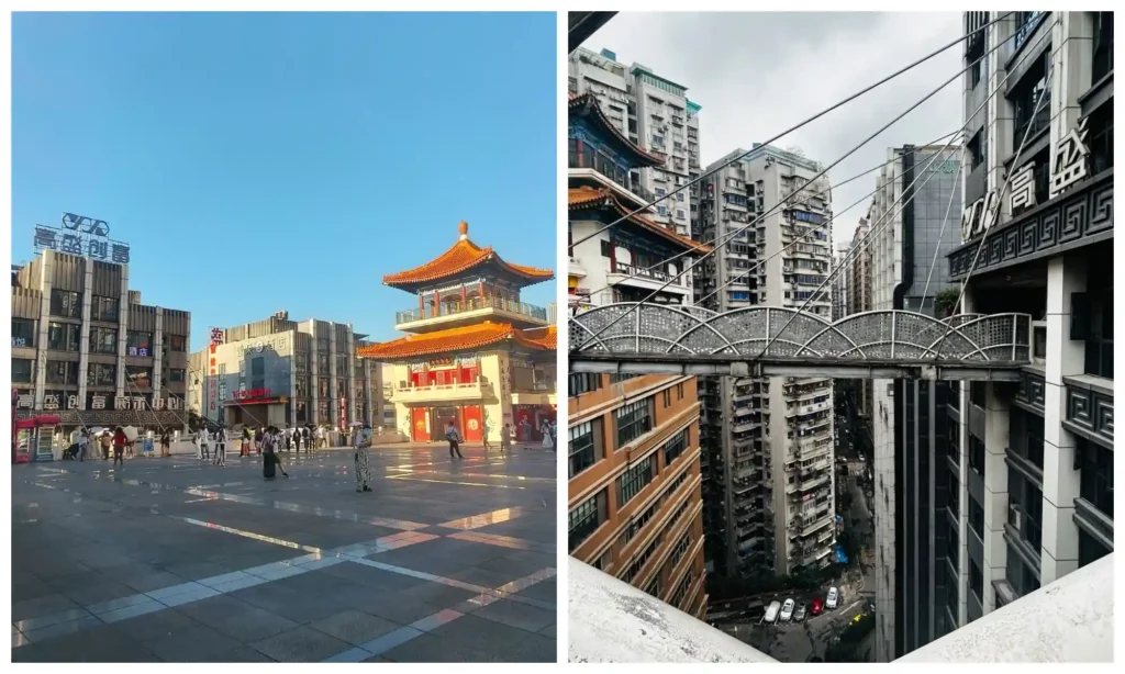 Chongqing Kuixing Tower Travel Guide: sunlit pavilion plaza and a skybridge spanning the gap between tall buildings